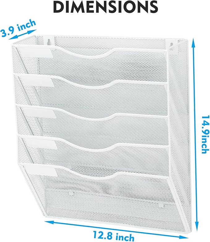 Magnetic 5 Pocket Mesh Hanging File Organizer, Wall Mounted Mail Paper Document Folder Holder, Clipboard Storage Organization Magazine Rack with Nametag Label for Office Home School, White - Image 3