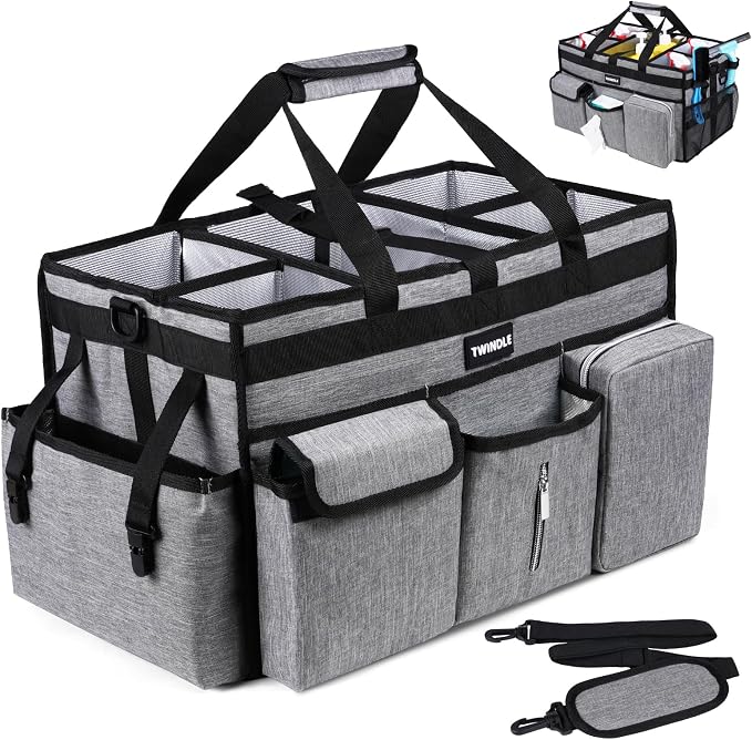 Extra Large Cleaning Caddy Bag with Rigid Support Board, Cleaning Organizer Tote with Detachable Divider, Adjustable Shoulder Strap & Waist Belt, Cleaning Supply Carrier for Cleaners & Housekeepers by TWINDLE
