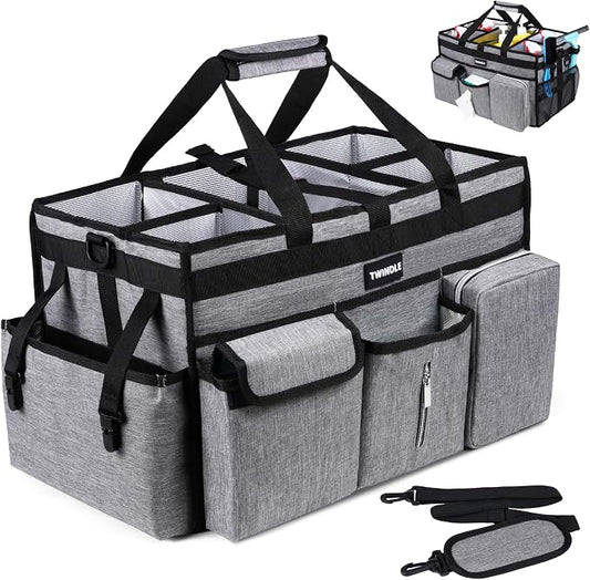 Large Cleaning Caddy Bag with Rigid Support Board, Cleaning Organizer Tote with Detachable Divider, Adjustable Shoulder Strap & Waist Belt, Cleaning Supply Carrier for Cleaners & Housekeepers by TWINDLE