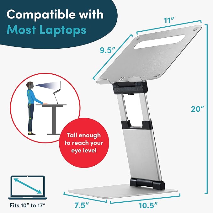 Lifelong Aluminum Adjustable Laptop Stand, Extra Tall 20" Riser, Silver | Ergonomic Laptop Stand for Desk, Portable Foldable Computer Stand, Fits 10-17 Inch Laptops & MacBooks - Image 5