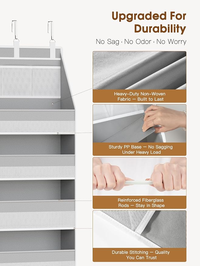 2 Pack Over The Door Organizer, Heavy-Duty 6-Shelf Hanging Storage with 13 Mesh Pockets, 55lbs Capacity Behind The Door Storage for Nursery, Bathroom, Bedroom, and Dorm, Grey - Image 4