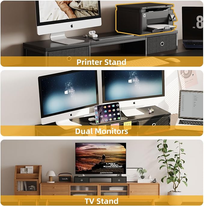 39 Inch Dual Monitor Stand Riser with 2 Drawers - Large Black Wooden Computer Stand for 2 Monitors, Ergonomic Desk Organizer with Phone Holder, Desktop Storage for Laptop, Office Supplies, Home Office - Image 7