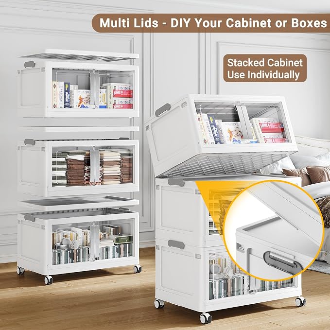 BROVIEW 160QT Stackable Storage Bins with Lids, 40Gal Extra Large Collapsible Storage Box with Wheel, Plastic Storages with Clear Door Open Front for Home Kitchen Garage, White-1pack(1 lid) - Image 4