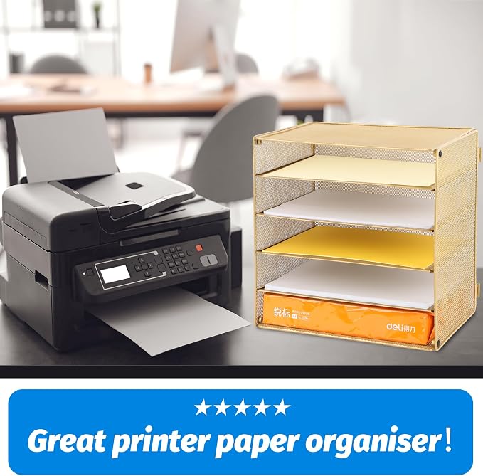 5 Slot Mesh Desk Organizer Tray, File Paper Letter Folder Holder Desktop Paper Sorter Mail Organization Rack Storage Accessories, for Office Home School Classroom, Gold - Image 4