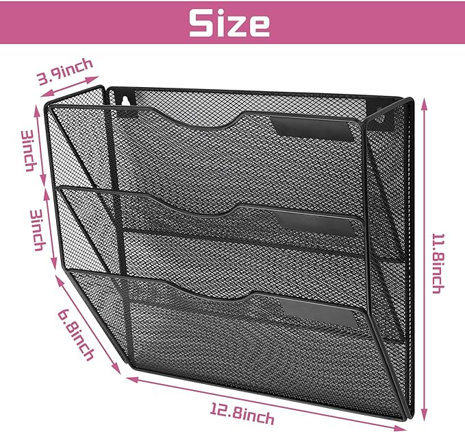 3 Pockets Mesh Wall File Holder Organizer Office Hanging File Folder Magazine Rack, Nametag Label Hooks Set Included (Black) - Image 2