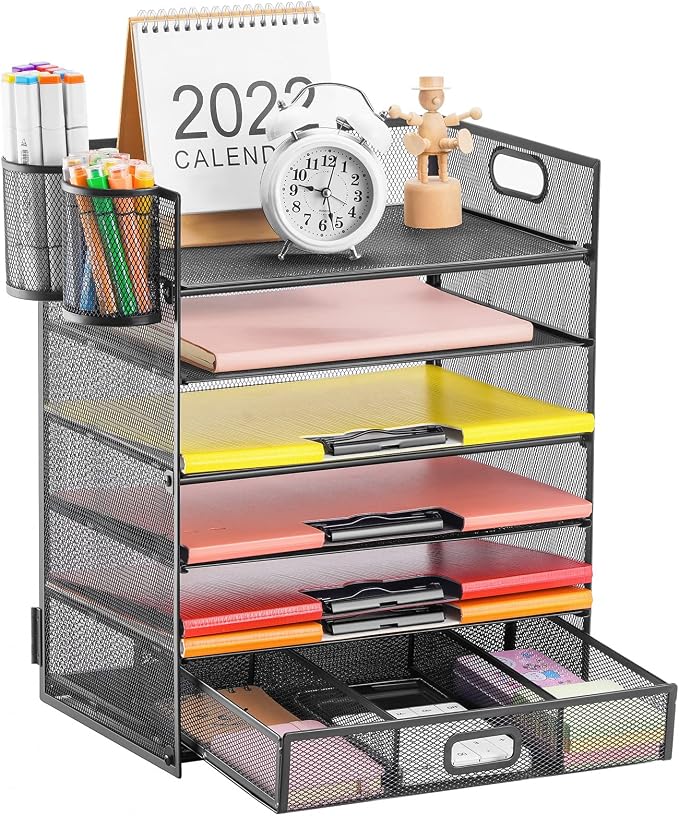 Lavatino 6-Tier Paper Organizer Letter Tray with Drawer - Mesh Desk File Paper Office Supplies Sorter Organizer for Office, Home or School File Folder Holder - Black by Lavatino