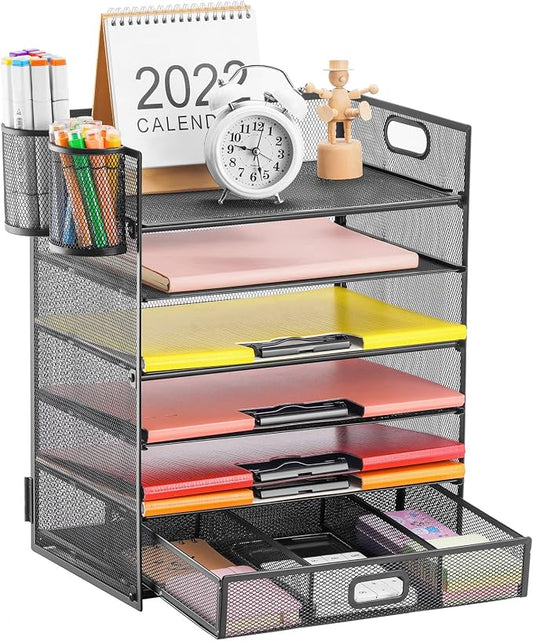 Lavatino 6-Tier Paper Organizer Letter Tray with Drawer - Mesh Desk File Paper Office Supplies Sorter Organizer for Office, Home or School File Folder Holder - Black by Lavatino