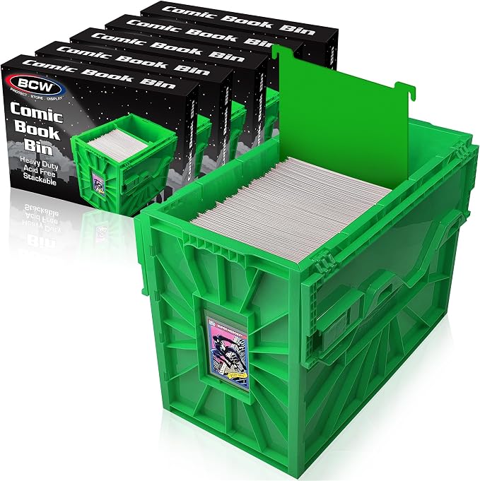 BCW Short Comic Book Bin | Holds 150 Comics | Stackable Plastic Storage | Acid-Free Organizer | Green, 5 Pack by BCW