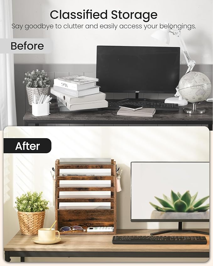 Wall File Organizer, 6-Tier Vertical Mount Hanging Holder with 2 Side Hooks, Vintage Wooden Magazine Storage Crate with Bottom Flat Tray, Desk Organizer, for Office, Home, Rustic Brown MWJ01FG - Image 7
