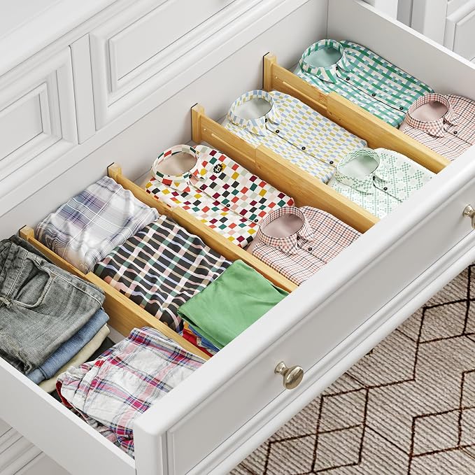 BAMEOS Bamboo Expandable Drawer Dividers – Fits 13.3"–19" Drawers, 3" Deep Walls, Set of 4 | Spring-Loaded Separator for Deep Kitchen & Bathroom Drawers, Prevents Items Falling Over - Image 6
