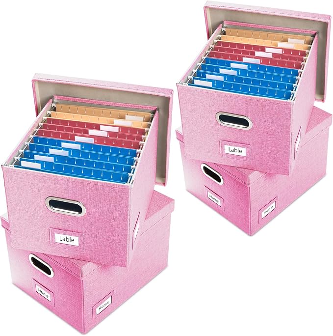 File Organizer Box - Set of 4 Collapsible Decorative Linen Filing Storage Hanging File Folders with Lids Office Cabinet Letter/Legal Size Pink 17.1x14x11.1 inch by Prandom