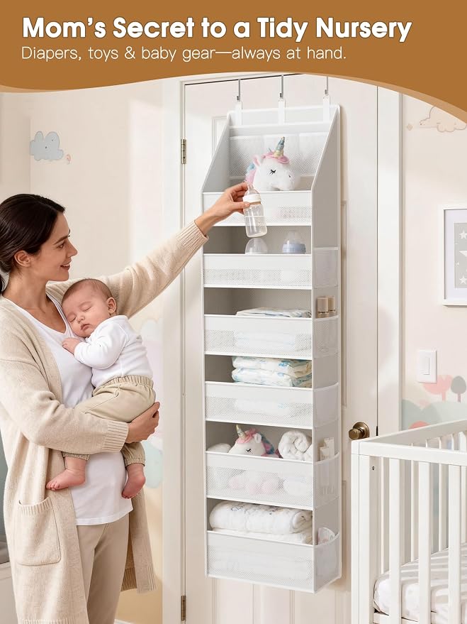 Over the Door Organizer, Heavy-Duty 6-Shelf Hanging Storage with 13 Mesh Pockets, 55lbs Capacity Behind the Door Storage for Nursery, Bathroom, Bedroom, and Dorm, White - Image 4