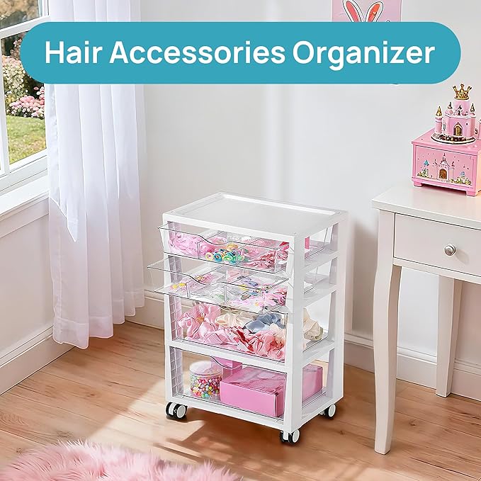 Vtopmart 4-Tier Plastic Drawer Storage Rolling Cart with Wheels | Clear Drawers, Multiple Size Storage, Visible Organization, Sturdy Design, Under Desk, Office, Makeup, Crafts & Art Storage - Image 6