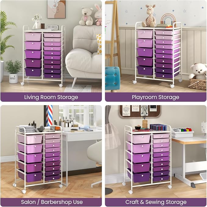 Giantex 15 Drawers Rolling Cart, Classroom Organizers, Storage Cart with Wheels, for Teacher Office Home School Supplies Tool Craft Art Paper, Purple Gradient - Image 4
