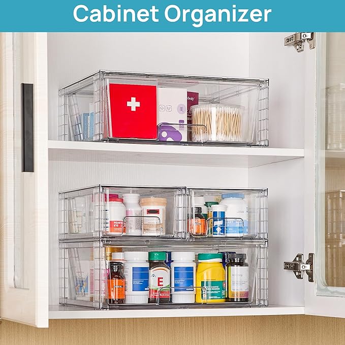 Vtopmart Clear Stackable Storage Drawers, 3 Pack Wide Organizer Set | Wide and Small Pull-Out PET Drawers with Stackable Design for Bathroom Organization, Cabinets, Closets, Pantry and Medicine - Image 8