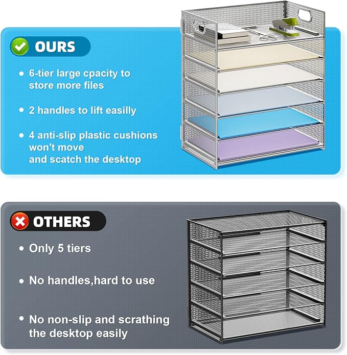 Marbrasse Paper Letter Tray - 6 Tier Mesh File Organizer with Handle, Paper Sorter for Letter/A4 Office File Folder Holder - Silver - Image 2