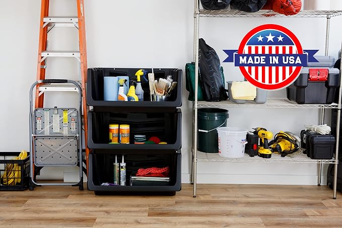 Mighty Tuff Heavy Duty Nesting Stack Bins, Pack of 3, Extra-Large Handles, Wide Front Opening, Interlocking, Stack Vertically, Holds Up to 100 Pounds, Black - Image 7