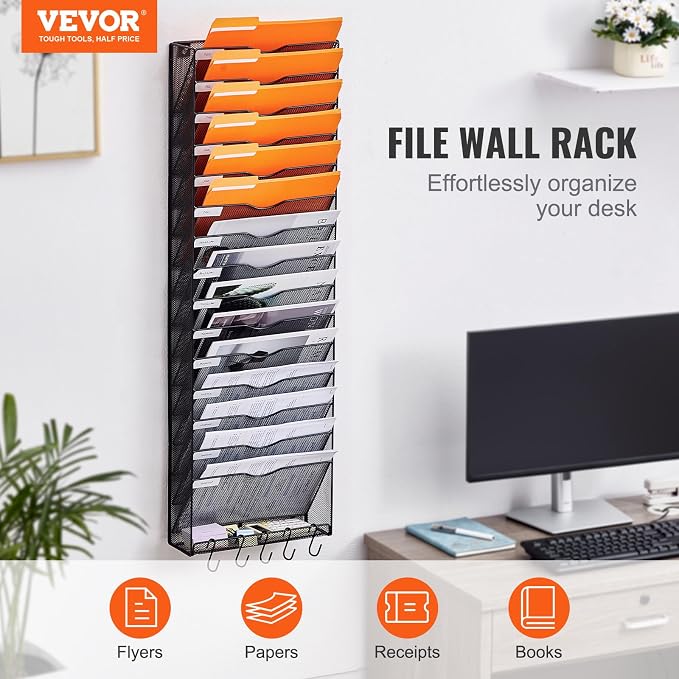 VEVOR File Wall Rack, 1-Piece 16 Pockets Mesh Wall File Holder, Wall Mounted Magazine Mail Paper and Document Storage Folder WJBGJHSWJSWSGLDOLV0 - Image 2
