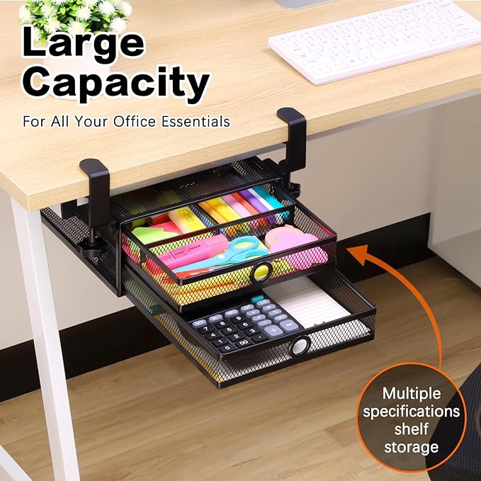 ROSYLINE Under Desk & Desktop Drawer Organizer, 2-Tier Big Capacity | Steel Construction, Clip-On No Drill Installation, Fits A4 Paper, for Office & Household Supplies - Image 2
