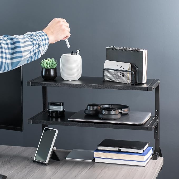 VIVO Black Clamp-on 24 inch 2-Tier Desk Shelf, STAND-SHELF24C | Above or Below Desk, 2 Level Shelving Unit for Table Accessories, Gaming Devices, and More, Storage Tray, Desktop Organizer - Image 8