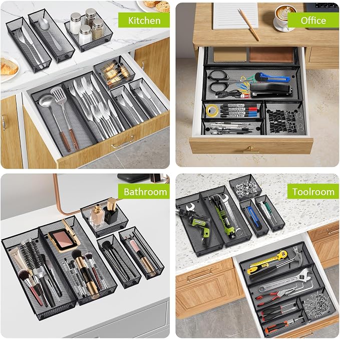 Neudeco Drawer Organizer, Black, 5 Pack, 15x6.2x2 inches | Metal Mesh Silverware Tray, Interlocking Design, 5 Compartment, For Kitchen Utensils - Image 7