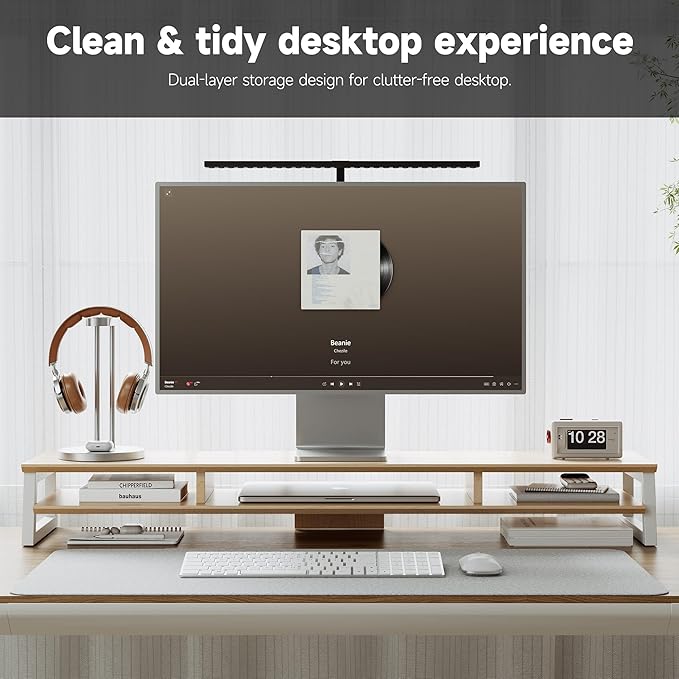 Dual Monitor Stand Riser for Desk, 41.7 Inch Large 2 Tier Computer Monitor Stand for 2 Monitors, Desktop Storage Organizer Shelf with Keyboard Space for Laptop PC Printer, Beige - Image 3