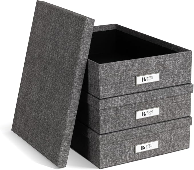 Bigso Oskar Canvas Fiberboard Document Letter Box for Important Paperwork A4 or Letter Size - Durable Keepsake Box with Lid and Metal Label Holder - 3.3in x 10.2in x 13.8in - Melange Grey - 3 Pack - Image 3