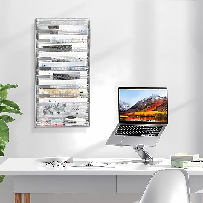 EasyPAG Wall File Holder 10 Tier Mesh Hanging Folder Organizer with Flat Tray Wall Mounted Mail Organizer Magazine Paper Desk Shelf with Nametag Label for Office Home School, Silver - Image 9