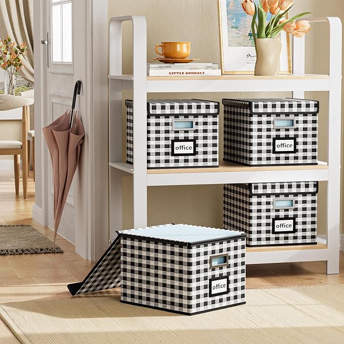 File Organizer Box with Lids, Collapsible File Folder Organizer | File Box with Plastic Slides for Document, Filing Bin for Letter Size Hanging File Folders (2 Pack, Black & White Lattice) - Image 2