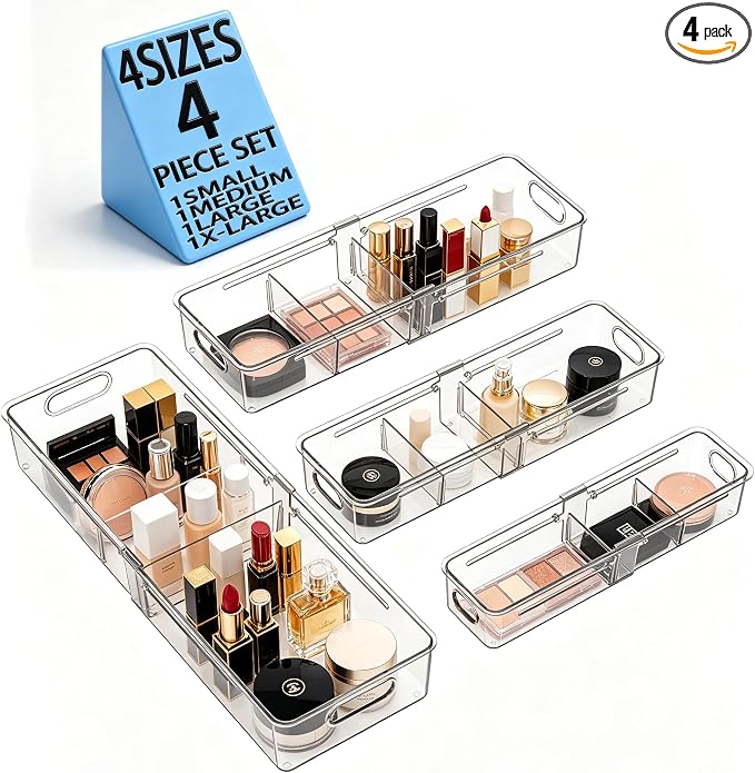BLULEE 4-in-1 Expandable Drawer Organizer Set, Adjustable Clear Bins | with Dividers for Kitchen, Bathroom, Vanity & Office, Scalable Trays for Cosmetics, Utensils & Desk Accessories (4 Pcs) by BLULEE