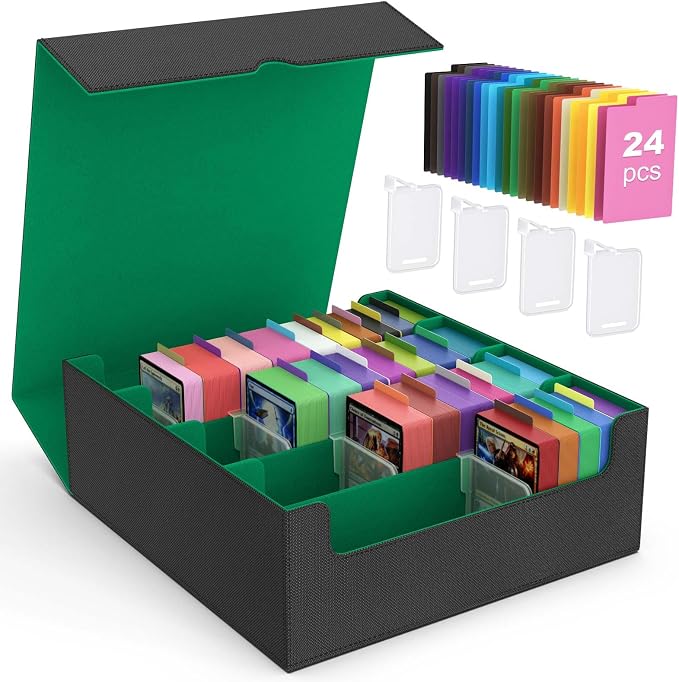 MoKo Trading Card Storage Box for MTG, 3000+ Card Organizer, Green | MTG Deck Box, w/ 24 Colorful Dividers & 4 Card Supporters, MTG Card Storage for Magic Game, TCG, PTG Baseball and Sport Cards by MoKo