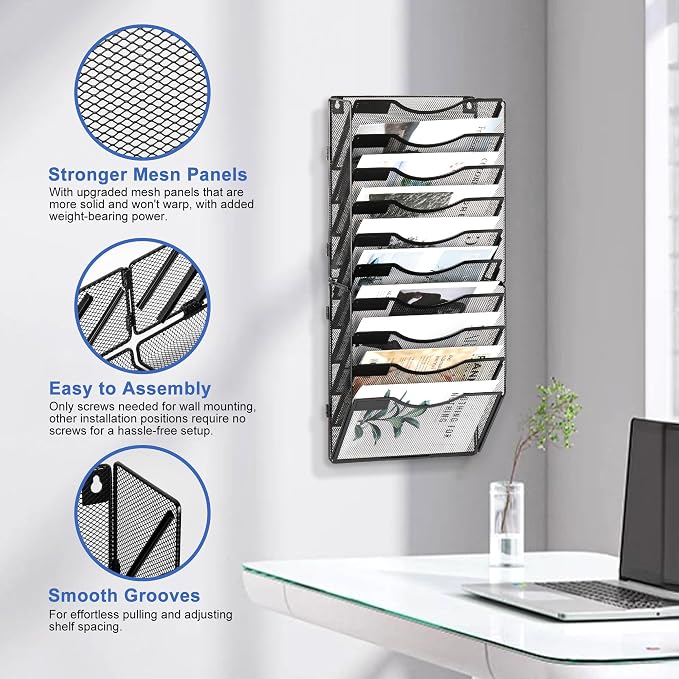 EasyPAG Wall File Organizer for Office 10 Pocket Mesh Wall Mounted Paper Organizer Hanging Folder Holder with Nametag Label for Home School, Black - Image 2