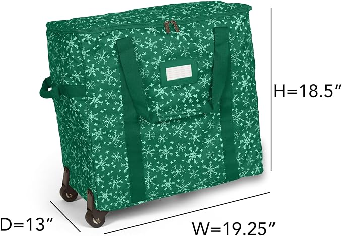 Covermates Keepsakes Rolling Adjustable Ornament Storage Bag – Heavy-Duty Polyester, FlexGrid Trays & Padded Dividers – Protective Holiday Organizer with Wheels, Handles & ID Window, Green Snowflake - Image 3