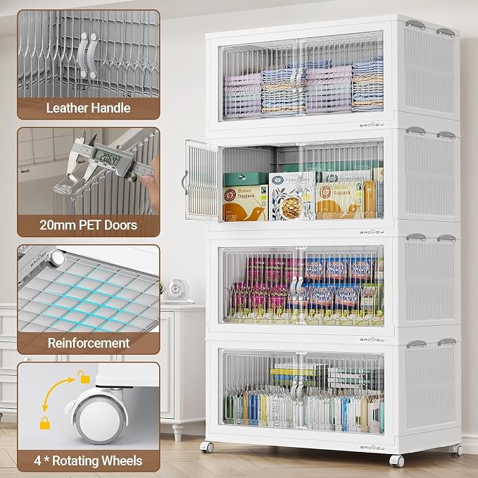 BROVIEW 800Qt Extra Large Stackable Storage Bins with Lids, Closet Organizer Collapsible Drawer Boxes with Wheels, Folding Plastic Cabinet Containers for Home Kitchen Room Organization, 4Pack White - Image 3
