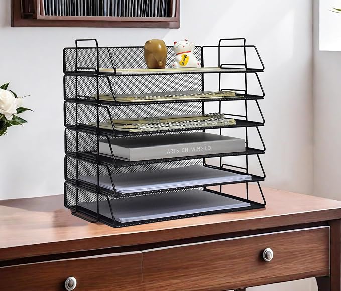 YFS A4 Mesh Letter File Folder Holder, Paper Organizer Letter Tray with Handle, 6 Tier Stackable Letter Tray, Document Organizer, Office Decor (A4,Horizontal,Black, 6 Tier) by wen-liz-US