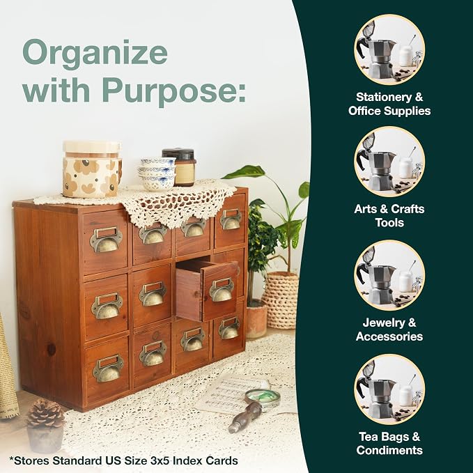 12-Drawer Apothecary Cabinet - Index Card Organizer - Mahogany Wooden Card Catalog - Fits Standard US 3x5in Index Cards - Vintage Desktop Drawer Organizer for Tea, Herbs, and Office Supplies - Image 5