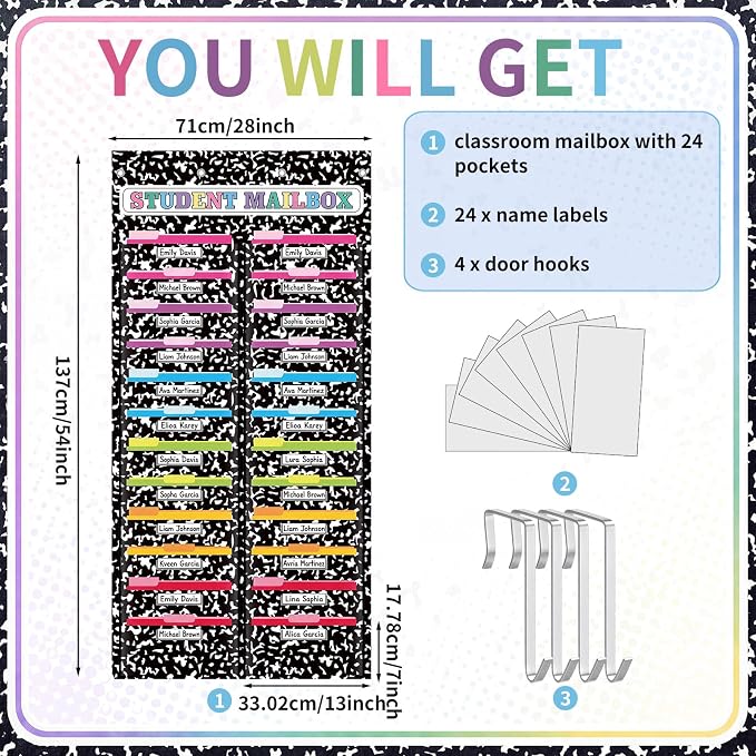 24 Pockets Classroom Mailbox with 24 Nametag Composition Notebook Hanging Wall File Organizer Classroom Storage Pocket Chart Folder with 4 Over The Door Hook for Back to School Bulletin Board - Image 2