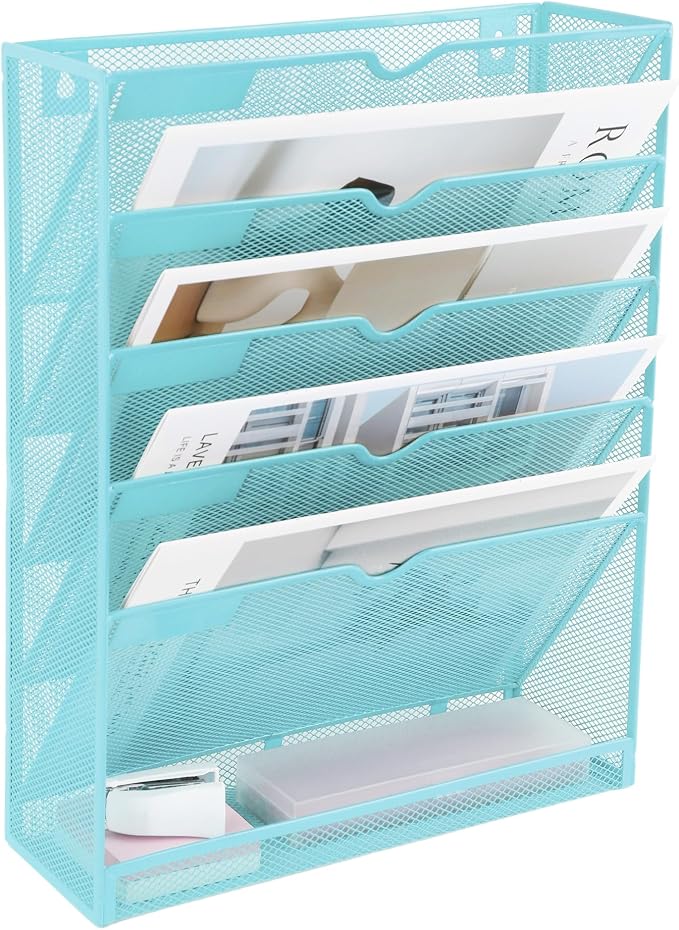6 Tier Mesh Hanging Wall File Organizer, Desk Vertical Mail Paper Document Folder Holder Rack with Bottom Tray and Nametag Label for Office Home School, Blue - Image 8