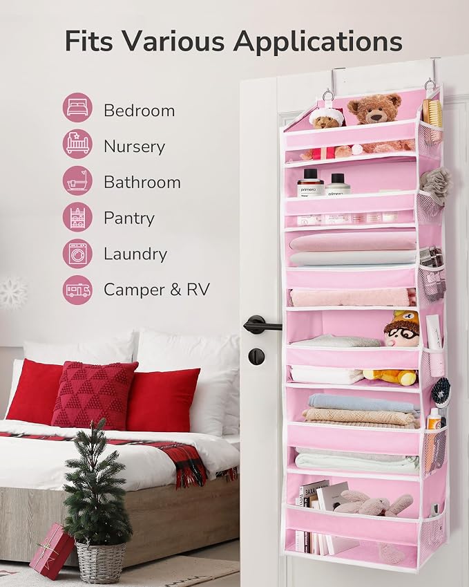 ULG Over The Door Organizer with 6 Large Pockets 12 Side Pockets, 50lbs Weight Capacity Door Hanging Storage Organizer for Bedroom, Bathroom, Pantry, Nursery Storage, Pink - Image 2