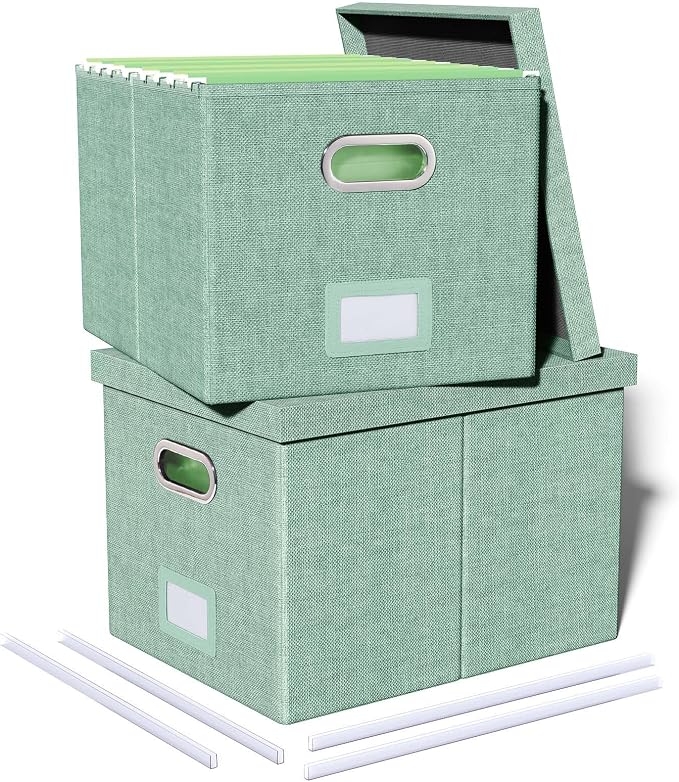 2 Pack File Storage Organizer, Filing Box, Portable File Box with Lid, Fit for Letter/Legal File Folder Storage, Document Organizer, Green by Oterri