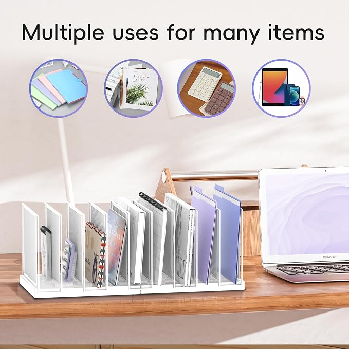 9-Section Desk File Organizer, Vertical File Holder, Mesh Desktop File Folder Metal File Organizer Stand for Office Home Classroom, White - Image 3