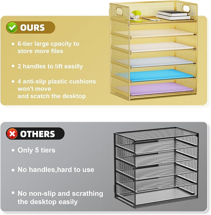 Marbrasse Paper Letter Tray Organizer - 6 Tier Mesh File Organizer with Handle, Paper Sorter Organizer for Letter/A4 Office File Folder Holder - Gold - Image 2