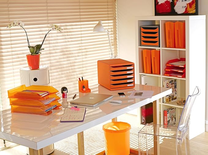Exacompta - Ref 3097288D - Big-Box Plus Desktop Drawer Set - 5 x 43mm Drawers, Suitable for A4+ Documents, 347 x 278 x 271mm, 100% Recycled Plastic - Black/Glossy Tangerine - Image 7