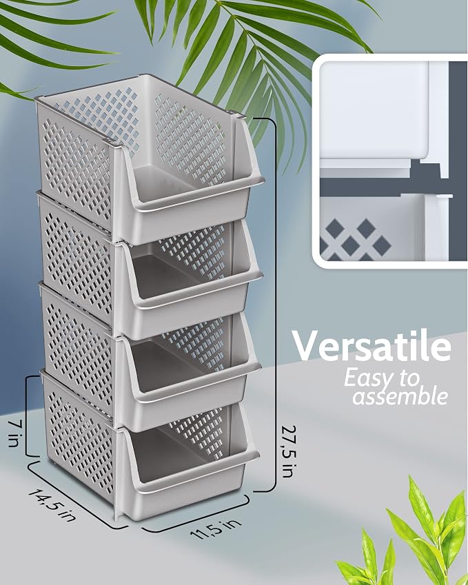 Stackable Storage Bins Open Front for Pantry Storage, 4 Pack - Light Grey | Sturdy Plastic, Easy Stacking, Open Front Access, Ventilated Sides, Vertical & Space Saving Pantry Organizers and Storage Bin - Image 2