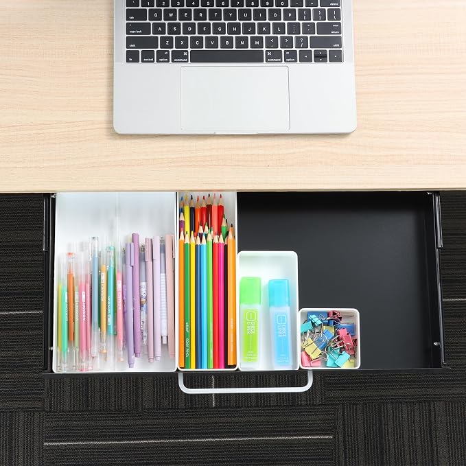 Under Desk Drawer 21" with 4 Divider Trays, Storage Drawer Organizer | Black, Under Counter, Desk Accessory, Attachable for Workbench, Adjustable Brackets, for Desk Lip with Crossbar, Clamp Mount - Image 8