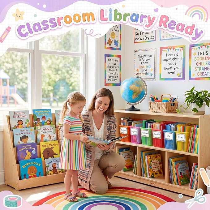 Blosssound 12 Set Book Bins for Classroom with Label Sticker Book Box Baskets Plastic Stackable Organizing Bins Storage & Organization for Classroom Library Home School Supplies (Translucent Colorful) - Image 6