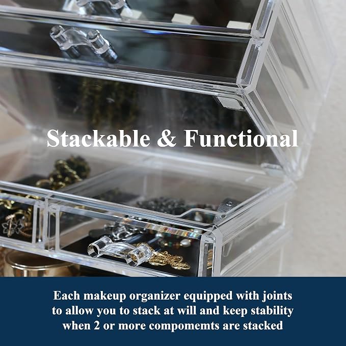 Sea Team Stackable Clear Acrylic Makeup Organizer with Drawers for Vanity | Cosmetic Display Case, Jewelry Storage Box with 1 Large and 1 Middle Drawers, Ideal for Dresser, Bathroom, Countertop - Image 5