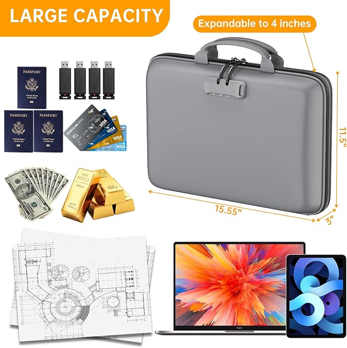 DocSafe Fireproof File Organizer with Lock, Hard-Shell Case Fireproof Document Box with 13 Pocket Accordion File Folder, Portable Home Office Travel Safe Storage for Important Documents Laptop Gray - Image 4
