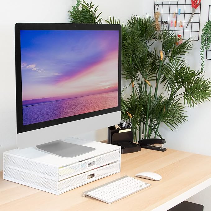 Mount-It! Mesh Computer Monitor Stand Riser [Metal] Desk Organizer with Two Pullout Storage Drawers for Desktop, Laptop, and Printer Accessories and Office Supplies (White) - Image 5