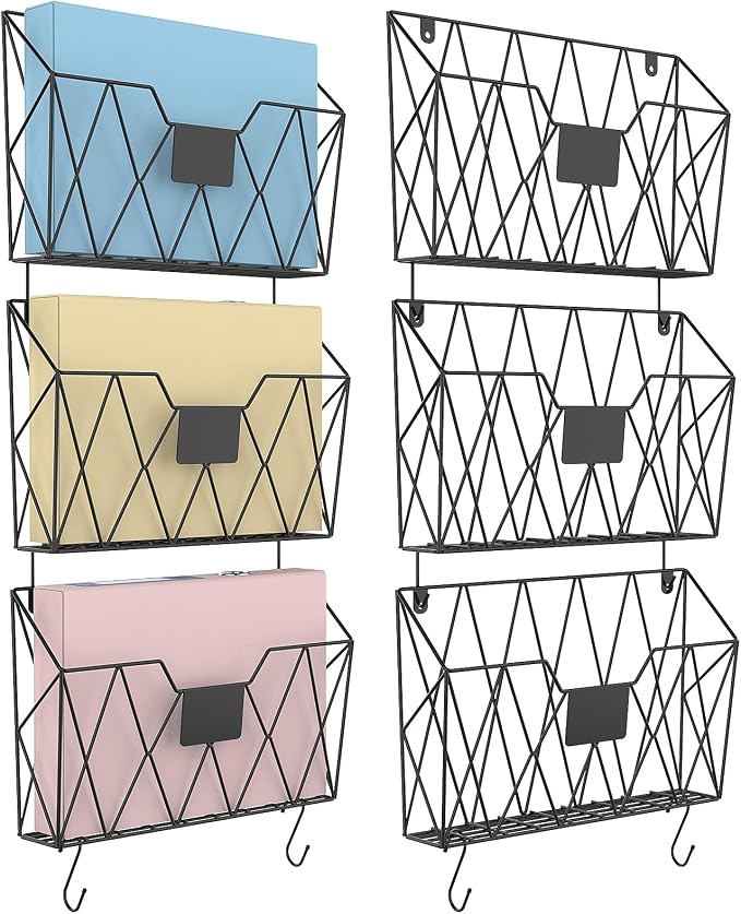 YBING Wall File Organizer Mesh Hanging Wall-mount Files Holder 6 Pack Hanging Wire Magazine Rack and Mail Holder with Hooks Office Wall Organizer for Papers Folders Files Clipboard Black by YBING